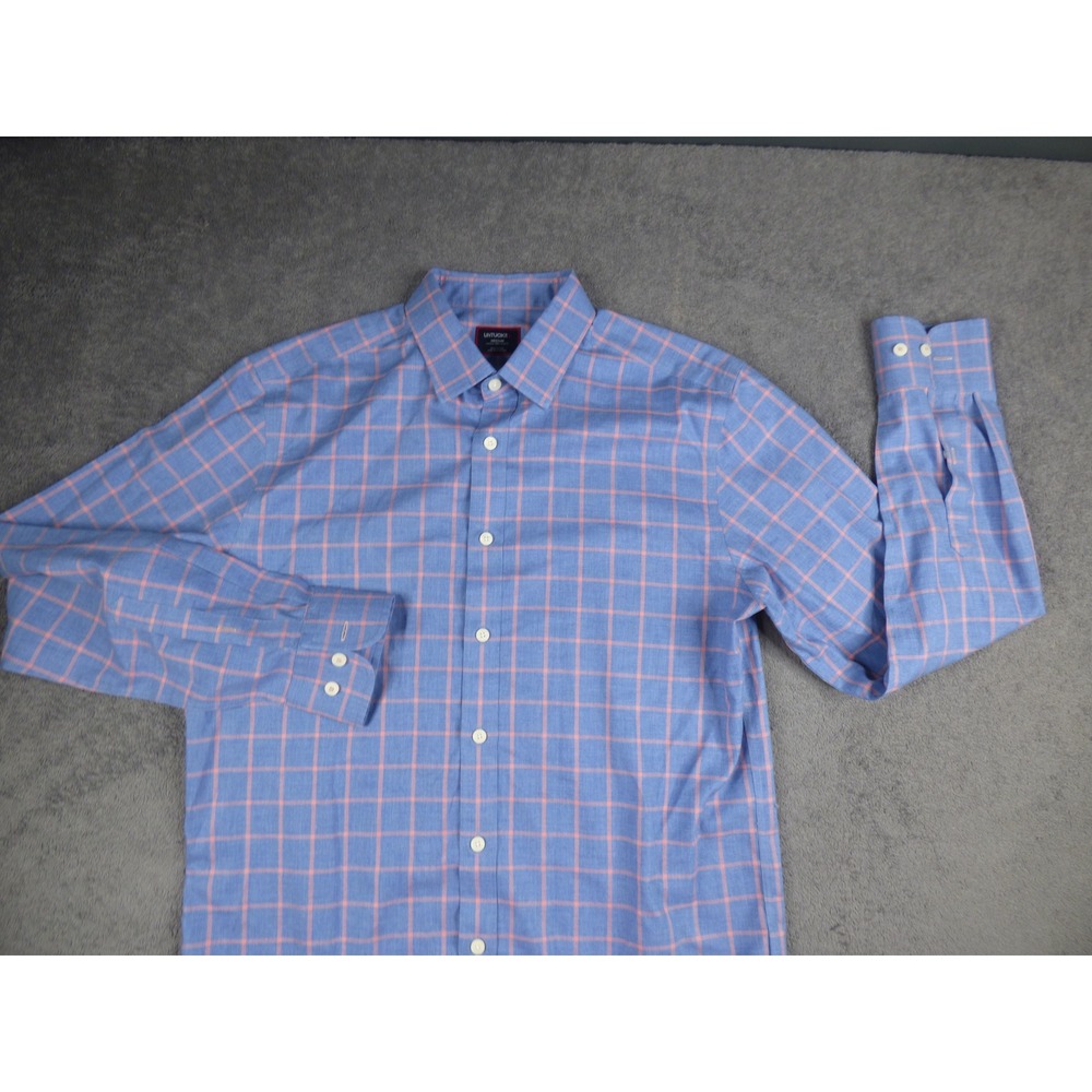 UNTUCKit Mens Medium Blue Pink Windowpane Check Button Down Shirt Regular Fit
